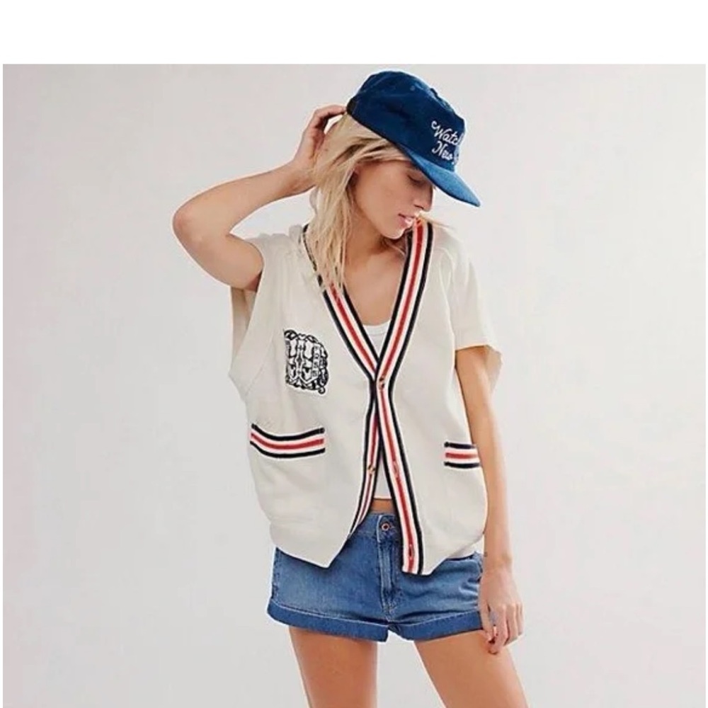 Free People White Jersey with Black and Red Stripes